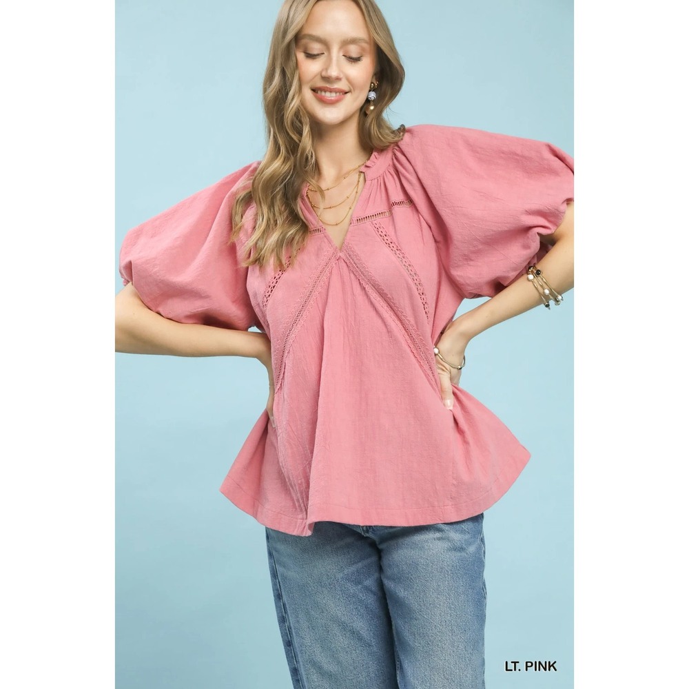 Umgee Lace Inset Puff Sleeve Boho Blouse - Small